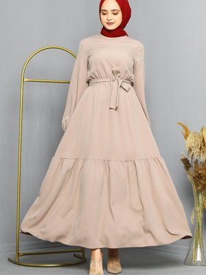 Bel Büzgülü Kuşaklı Elbise Kahve Bel Büzgülü Kuşaklı Elbise Kahve
