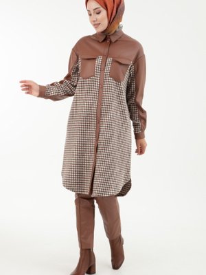 Armine Trend Suni Deri Detaylı Ekose Desenli Çıt Çıtlı Pamuk Karışımlı Tunik Taba