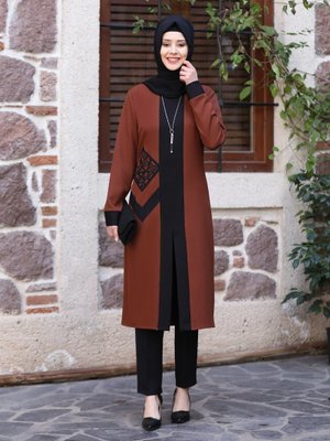 Beyza Tunik&Pantolon İkili Tesettür Abiye Takım -Kahverengi - Beyza Tunik&Pantolon İkili Tesettür Abiye Takım -Kahverengi -