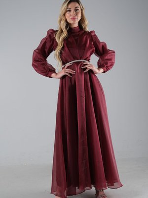 Bordo Uzun Balon Kol Dik Yaka Abiye Elbise Bordo Uzun Balon Kol Dik Yaka Abiye Elbise