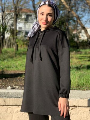 Siyah Scuba Kapüşonlu Tunik