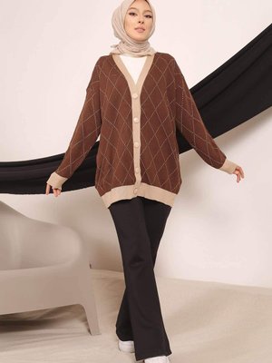 Kahve Modest Düğmeli Desenli Triko Hırka