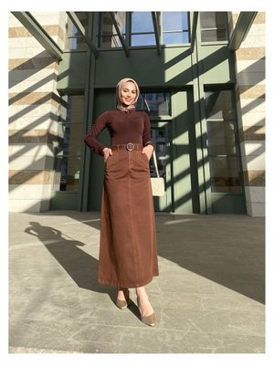 Cep Detaylı Kemerli Tokalı Gabardin Etek Kahverengi