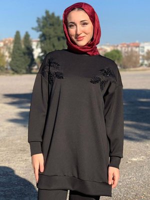 Siyah Yaprak Nakışlı Boncuklu Scuba Sweat