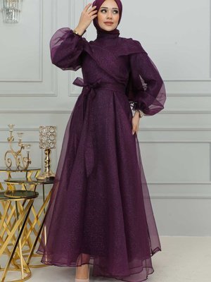 Mürdüm Balon Kol Bağlamalı Tül Abiye Elbise