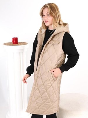 Geniş Baklava Desen Kapitone Yanı Yırtmaçlı Kapişonlu Şişme Yelek