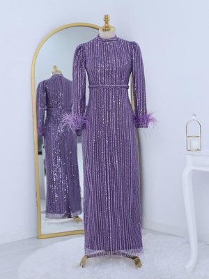 Kolu Tüylü Boncuk Pul İşlemeli Tül Abiye Elbise Kolu Tüylü Boncuk Pul İşlemeli Tül Abiye Elbise