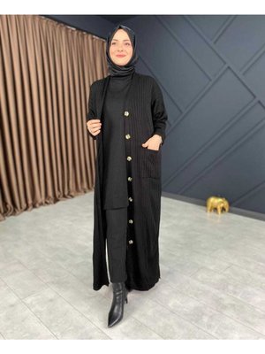 Düğmeli Cepli Uzun Fitilli Tam Boy Triko Pardesü Hırka