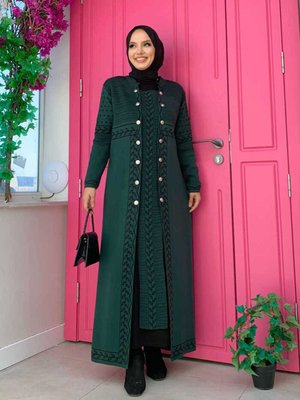 Desenli Parça Detaylı Düğmeli Triko Hırka Zümrüt