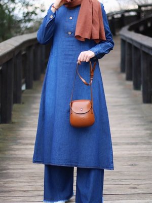 Arkası Düğmeli Uzun Kot Tunik Koyu Mavi