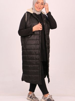 Siyah Büyük Beden Kürk Yaka Kapitone Yelek