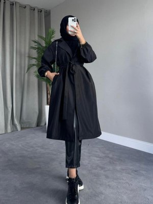 Balon Kol Belden Bağlamalı Trençkot Siyah Balon Kol Belden Bağlamalı Trençkot Siyah