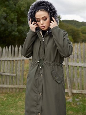 Içi Polar Uzun Kürklü Mont Haki