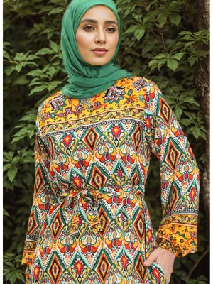 Desenli Viskon Elbise Sarı