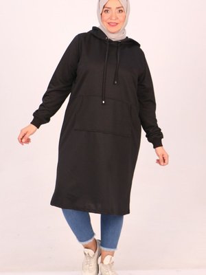 Siyah Büyük Beden Kanguru Cepli İki İplik Tunik