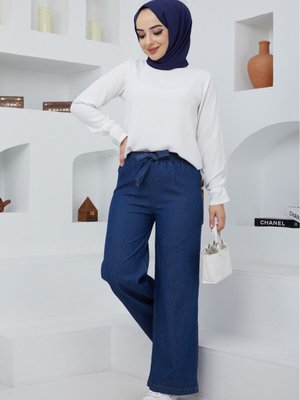 Kot Pantolon Beli Lastikli Ve Biye Detaylı Koyu Lacivert