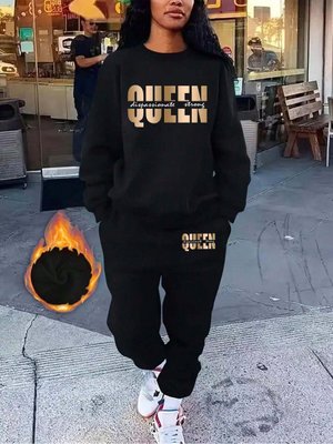 Siyah Bisiklet Yaka Queen Baskılı Eşofman Takımı