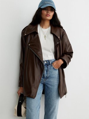 Kahverengi Deri Biker Trençkot