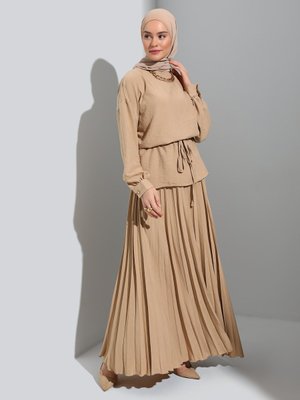 Açık Bej Pilise Detaylı Aerobin Tunik & Etek İkili Takım