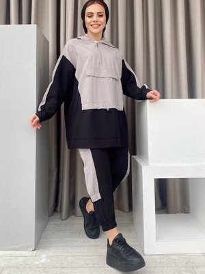 Fermuarlı Garnili Pantolonu Şeritli Spor İkili Takım Gri Siyah