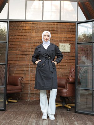 Geniş Yaka Trençkot Siyah