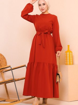 Bel Büzgülü Kuşaklı Elbise Kiremit Bel Büzgülü Kuşaklı Elbise Kiremit