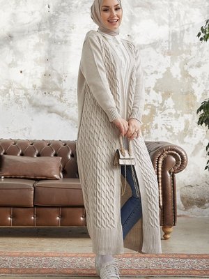 Jolie Örgü Desenli Triko Uzun Hırka Bej