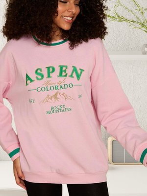 Pembe Yazı Detaylı Basic Örme Sweatshirt
