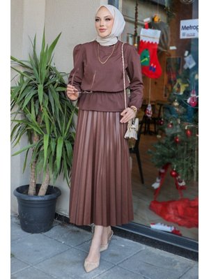 Kahve Deri Görünümlü Piliseli Etek