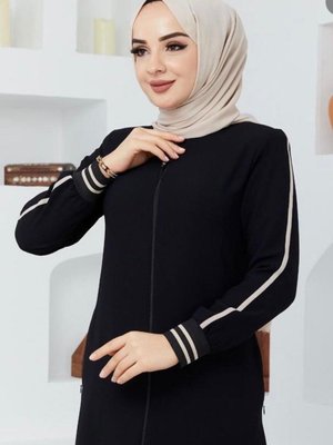 Giyim Medine Ipeği Siyah Ferace Krem Rengi Şeritli Kol Ribanalı