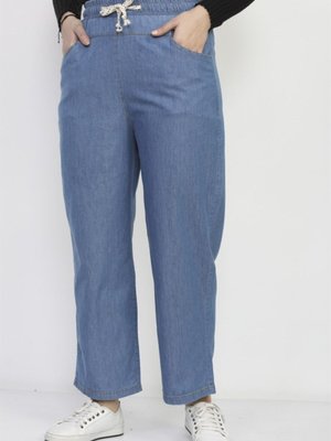 Düz Paça Beli Lastikli Kot Pantolon Açık Mavi