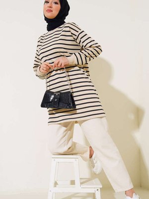 Ekru Zeminli Çizgili Tunik