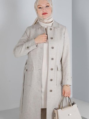 Pötikare Desenli Kemerli Düğmeli Kaban