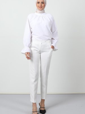 Beli Düğmeli Pantolon Beyaz Beli Düğmeli Pantolon Beyaz