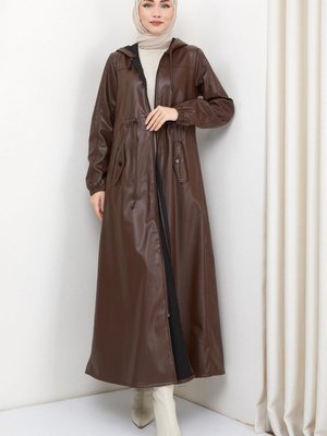 Kapüşonlu Bağlamalı Uzun Deri Trençkot Kahverengi Kapüşonlu Bağlamalı Uzun Deri Trençkot Kahverengi