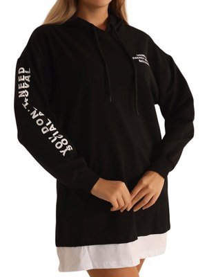 Siyah Eteği Garnili Kolu Yazı Baskılı İki İplik Sweat