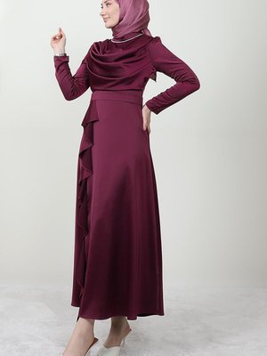 Eteği Pelerinli Degaje Elbise Mürdüm