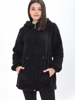 Sıyah Beli Lastikli Kapüşonlu Peluş Mont Sıyah Beli Lastikli Kapüşonlu Peluş Mont