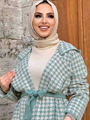 Yeşil (mint) Kazayağı Desenli Hırka