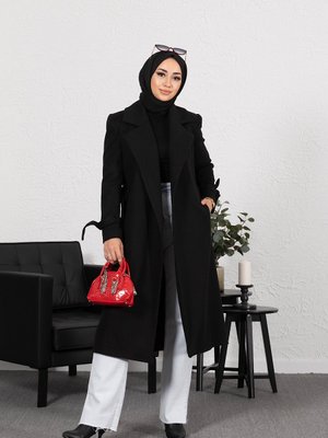 Bilek Detay Kuşaklı Uzun Kaşe Kaban Siyah