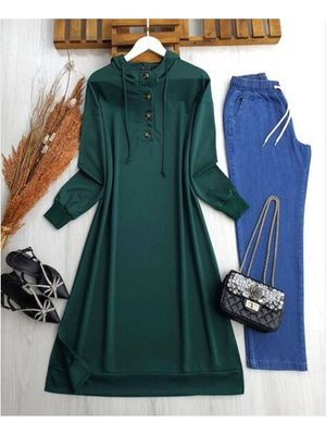 Düğmeli Kapüşonlu Tam Boy Tunik