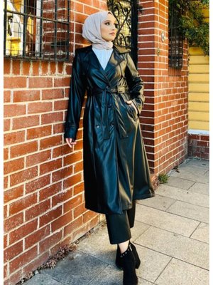 Uzun Deri Belden Bağlamalı Trençkot