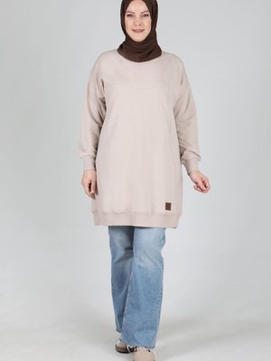 Bej Büyük Beden Kaşkorse Kombinli Armalı Tunik