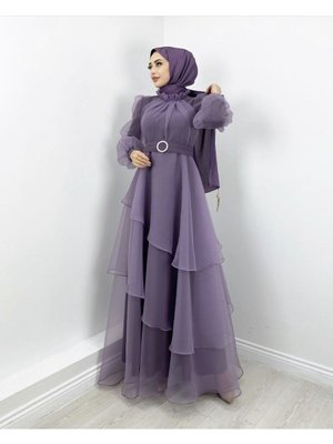 Asimetrik Katlı Fırfır Ve Kemer Detaylı Tül Abiye Elbise