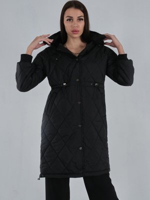 Siyah Kapüşonlu Beli Lastikli Kapitone Mont