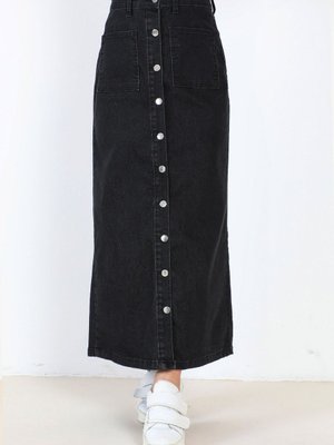 Önden Düğmeli Kot Etek Antrasit