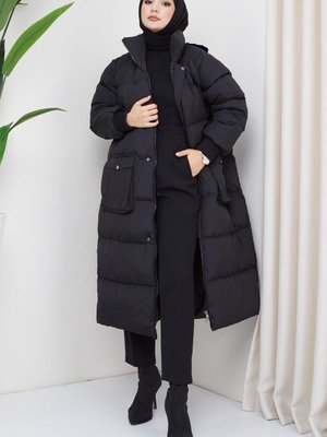 Gizli Kapüşonlu Körüklü Cep Oversize Mont Siyah