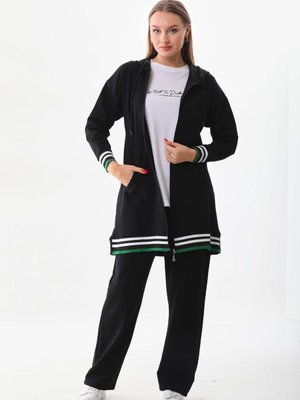 Şeritli Siyah Renk Üçlü Spor Takım Kombin