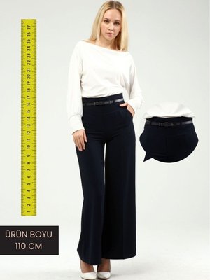 Kadin Krep Kemerli Lacivert Pantolon