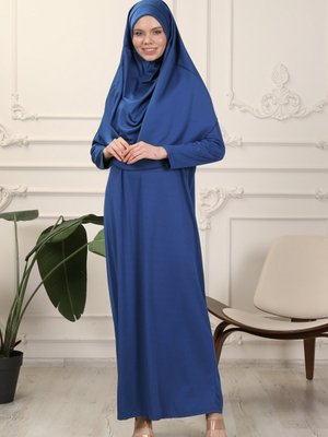 Mavi Tek Parça Kolay Kullanımlı Kendiliğinden Başörtülü Namaz Elbisesi